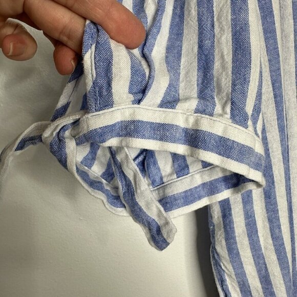 Susan Graver Linen Shirt Button up Striped Tie Sleeve XL Petite Blue White - Picture 3 of 11